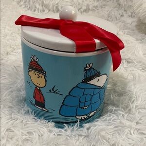 Peanuts Themed Blue and White Ceramic Jar with Red Ribbon